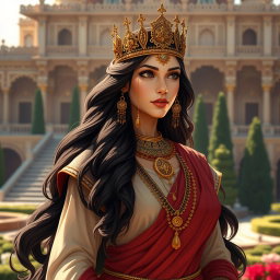 A beautiful and strong Persian princess, Rudabeh, from the Shahnameh epic, standing confidently in her royal attire