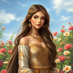 Rudabeh, the beautiful Persian princess from the Shahnameh, depicted with long, flowing hair that cascades gracefully down her back, and a radiant complexion that reflects her inner beauty