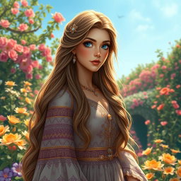 Rudabeh, the beautiful Persian princess from the Shahnameh, depicted with long, flowing hair that cascades gracefully down her back, and a radiant complexion that reflects her inner beauty
