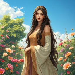 Rudabeh, the beautiful Persian princess from the Shahnameh, depicted with long, flowing hair that cascades gracefully down her back, and a radiant complexion that reflects her inner beauty