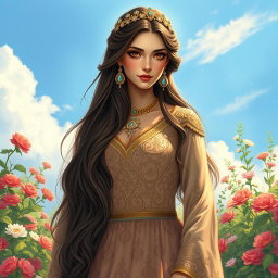 Rudabeh, the beautiful Persian princess from the Shahnameh, depicted with long, flowing hair that cascades gracefully down her back, and a radiant complexion that reflects her inner beauty
