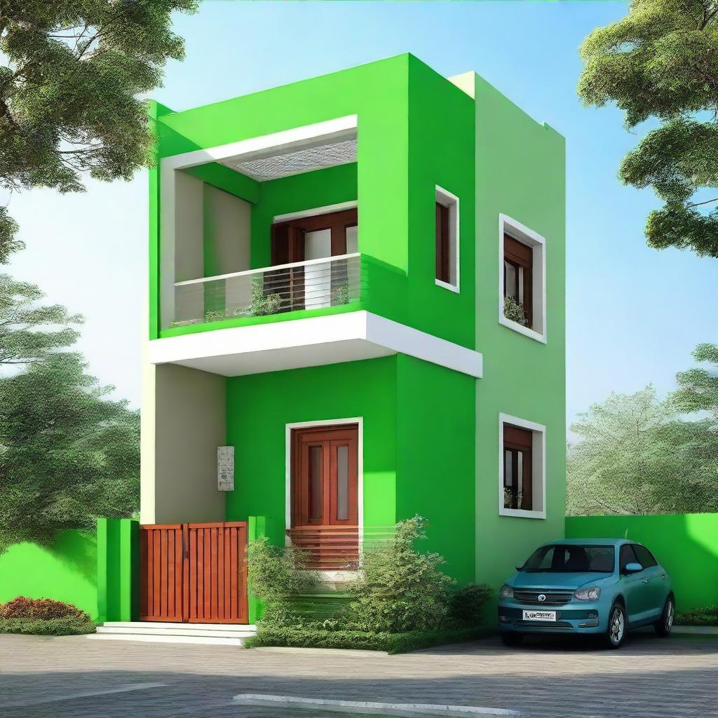 A duplex house with dimensions of 35 by 32 square feet, painted in a vibrant green color.