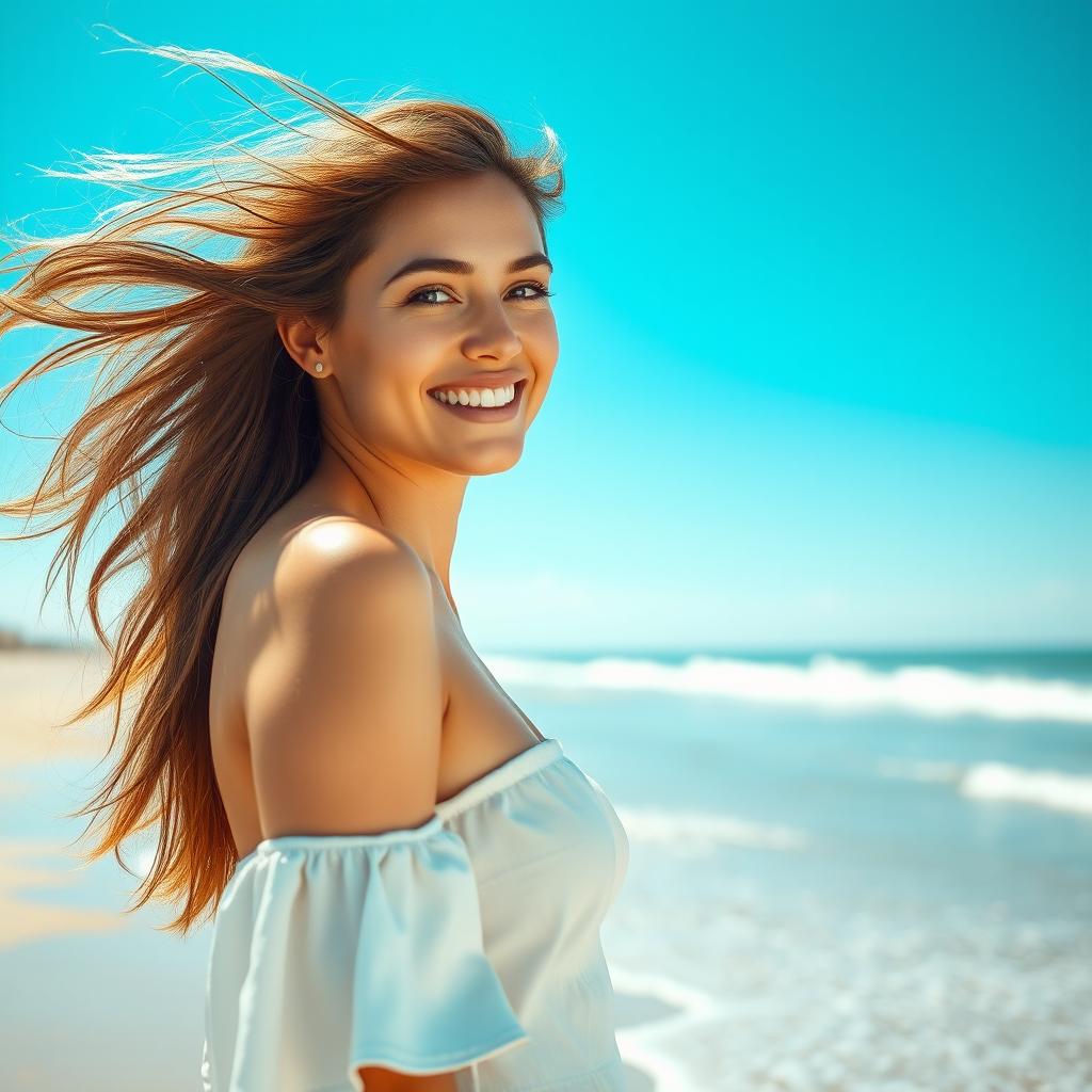A beautiful young woman standing on a sandy beach under a bright blue sky