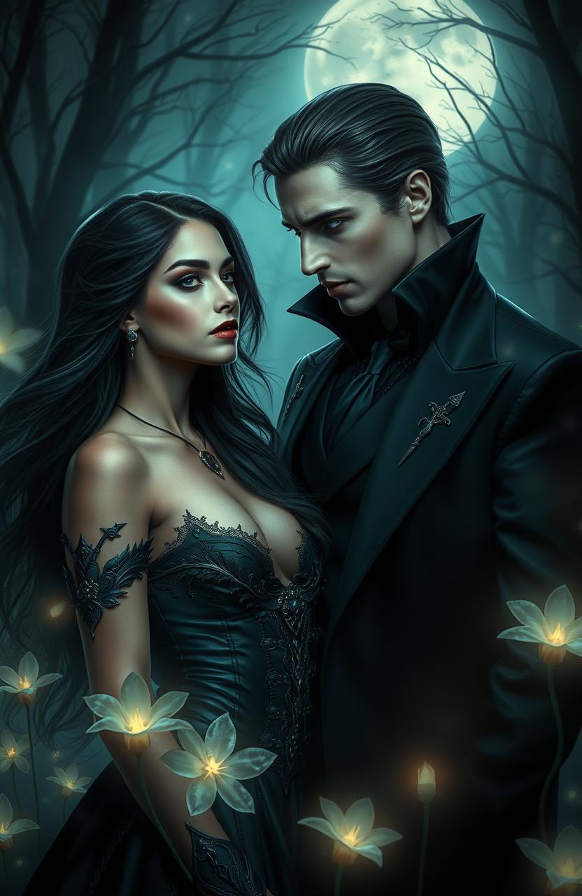 A captivating scene featuring Calla, a fierce and determined vampire slayer, deeply in love with a mysterious and regal vampire prince