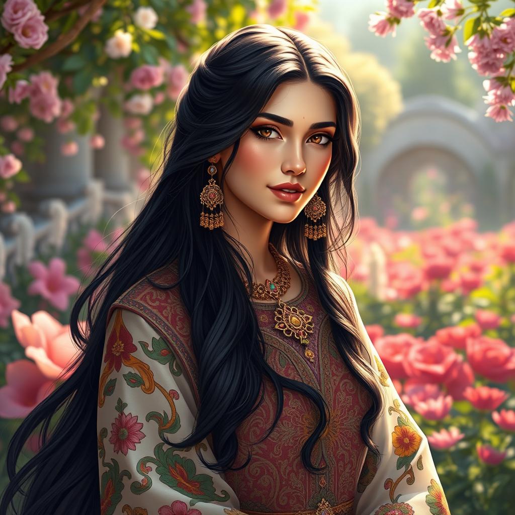 A stunning depiction of Rudabeh from Shahnameh, featuring her with long, flowing black hair cascading elegantly down her shoulders