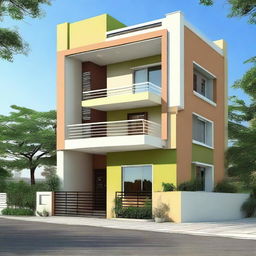 A duplex house with dimensions of 35 by 32 square feet, painted in harmonious and pleasing color combinations.