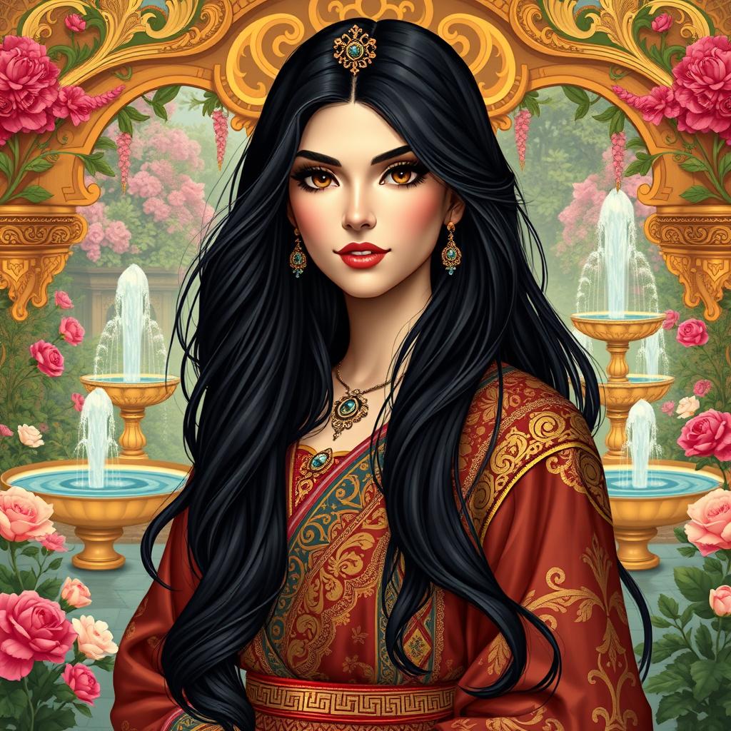 Rudabeh from the Shahnameh, portrayed as a beautiful Persian woman with long, flowing black hair
