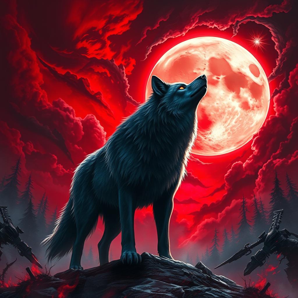 A dramatic and visually stunning representation of a "Blood Moon" in the context of a "War of Shadows"