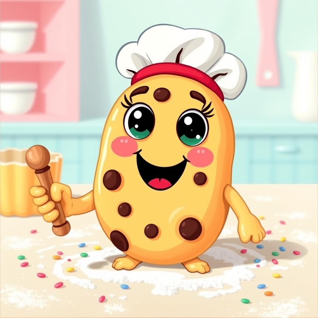 A whimsical cookie character designed for painting, featuring a brightly colored cookie body with chocolate chip spots, large cartoonish eyes, and a cheerful smile