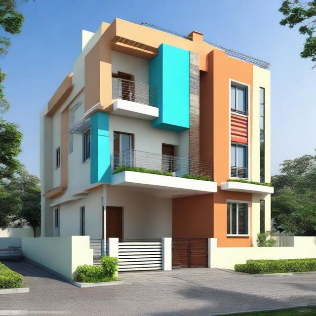 A duplex house with dimensions of 35 by 32 square feet, painted in harmonious and pleasing color combinations.