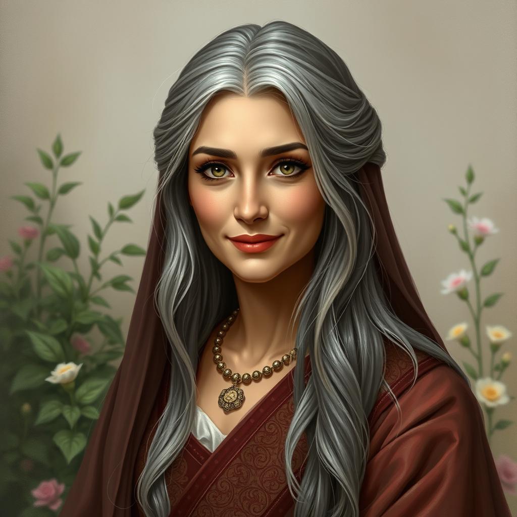 A realistic portrayal of a middle-aged Rudabeh from the Shahnameh by Ferdowsi, showcasing her beauty and nobility without excessive fantasy elements