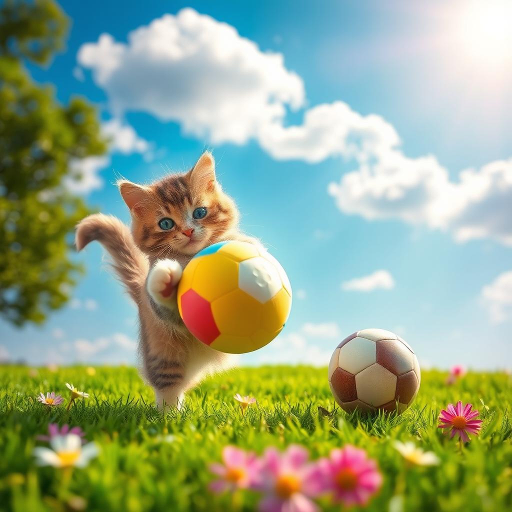 A playful cat energetically dribbling a colorful football on a vibrant green field