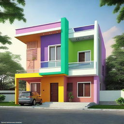 A duplex house with dimensions of 35 by 32 square feet, painted in harmonious and pleasing color combinations.