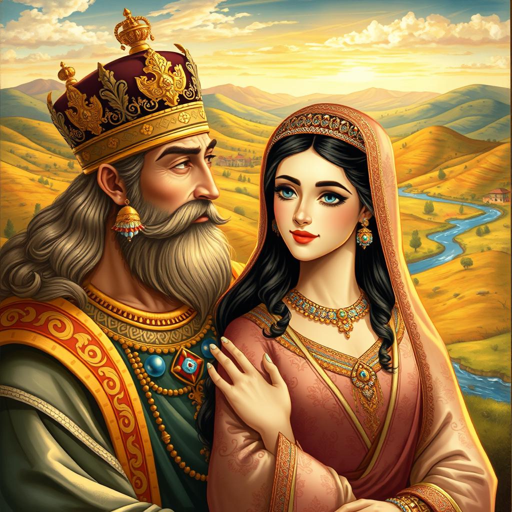 A majestic scene depicting Key Khosrow and his wife, Tahmineh, from the Shahnameh by Ferdowsi