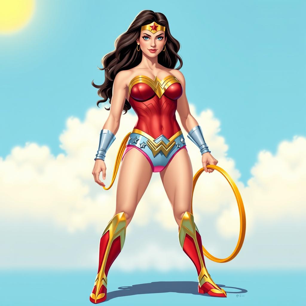 A playful and whimsical interpretation of Wonder Woman, featuring her wearing a bright pink diaper
