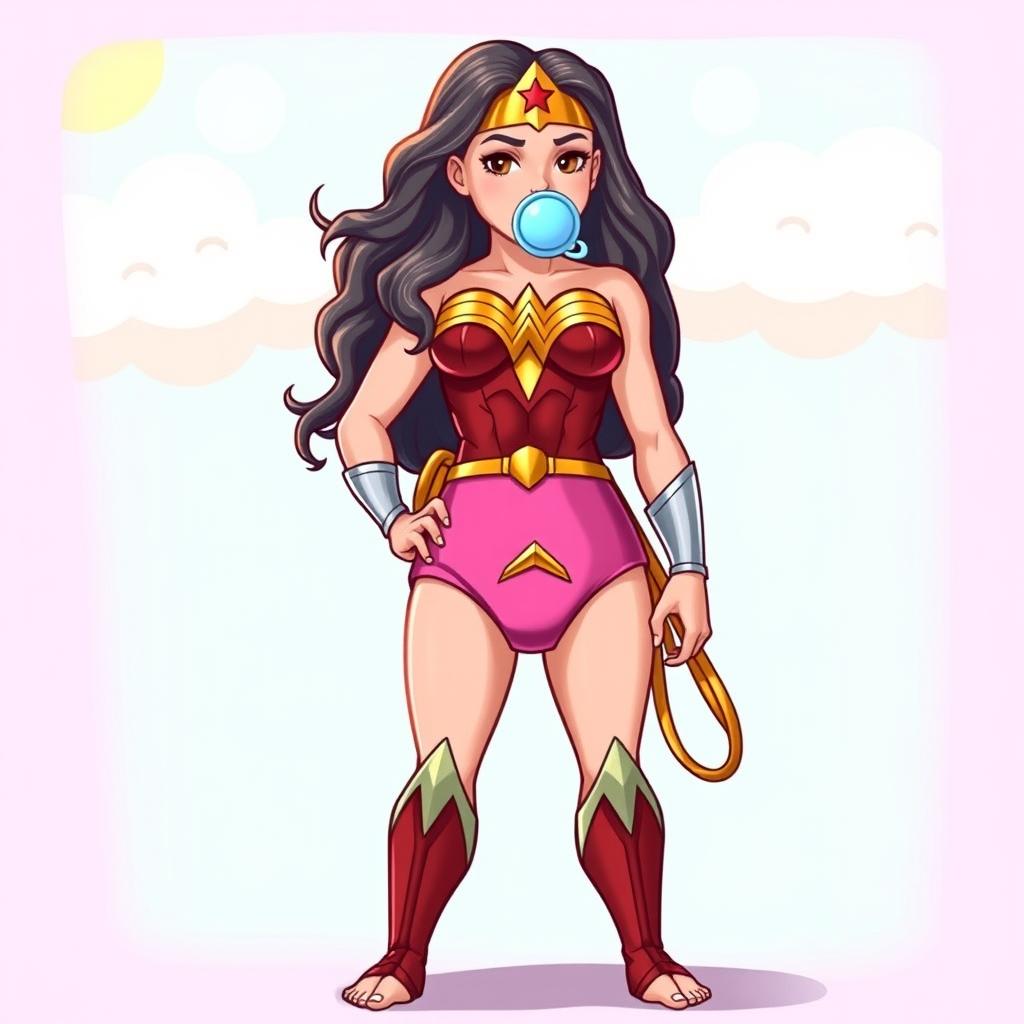 A whimsical and humorous portrayal of Wonder Woman, featuring her wearing a bright pink diaper and a pacifier in her mouth