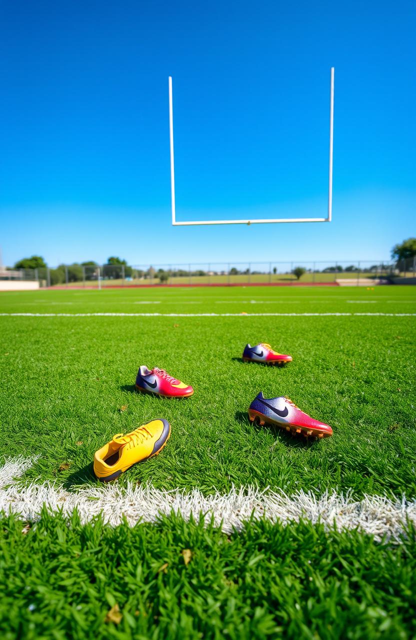 A vibrant football field showcasing bright green turf perfectly marked with yard lines and a white field goal post at one end