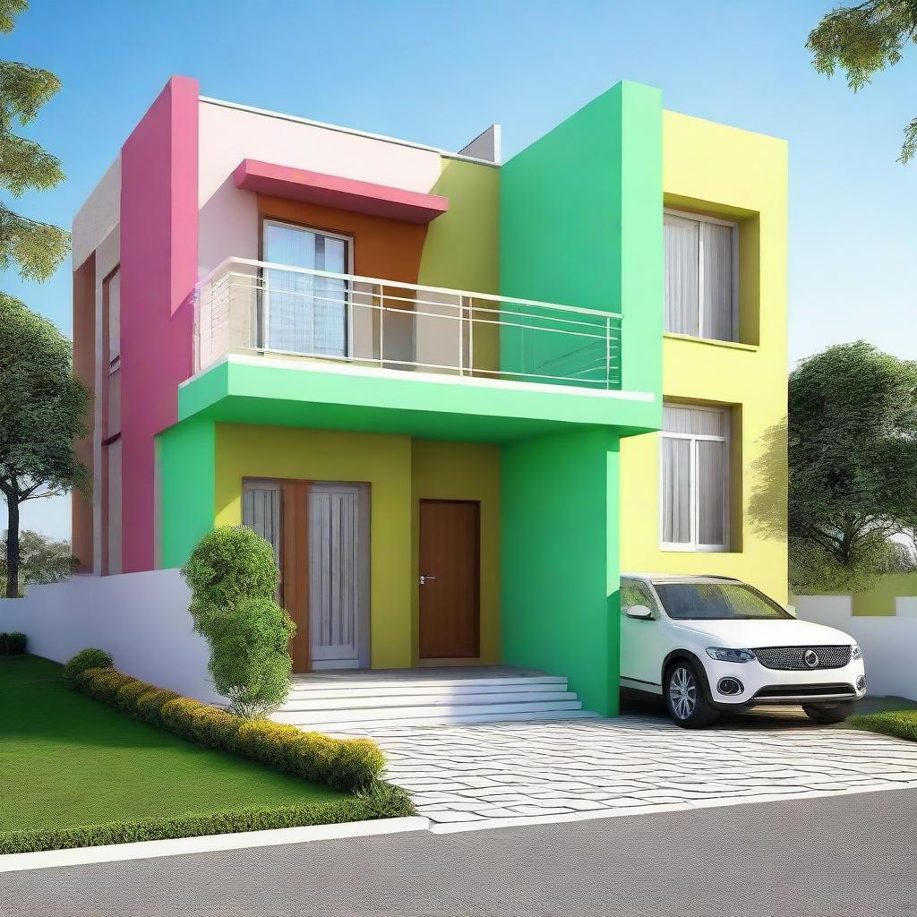 A duplex house with dimensions of 35 by 32 square feet, painted in harmonious and pleasing color combinations.