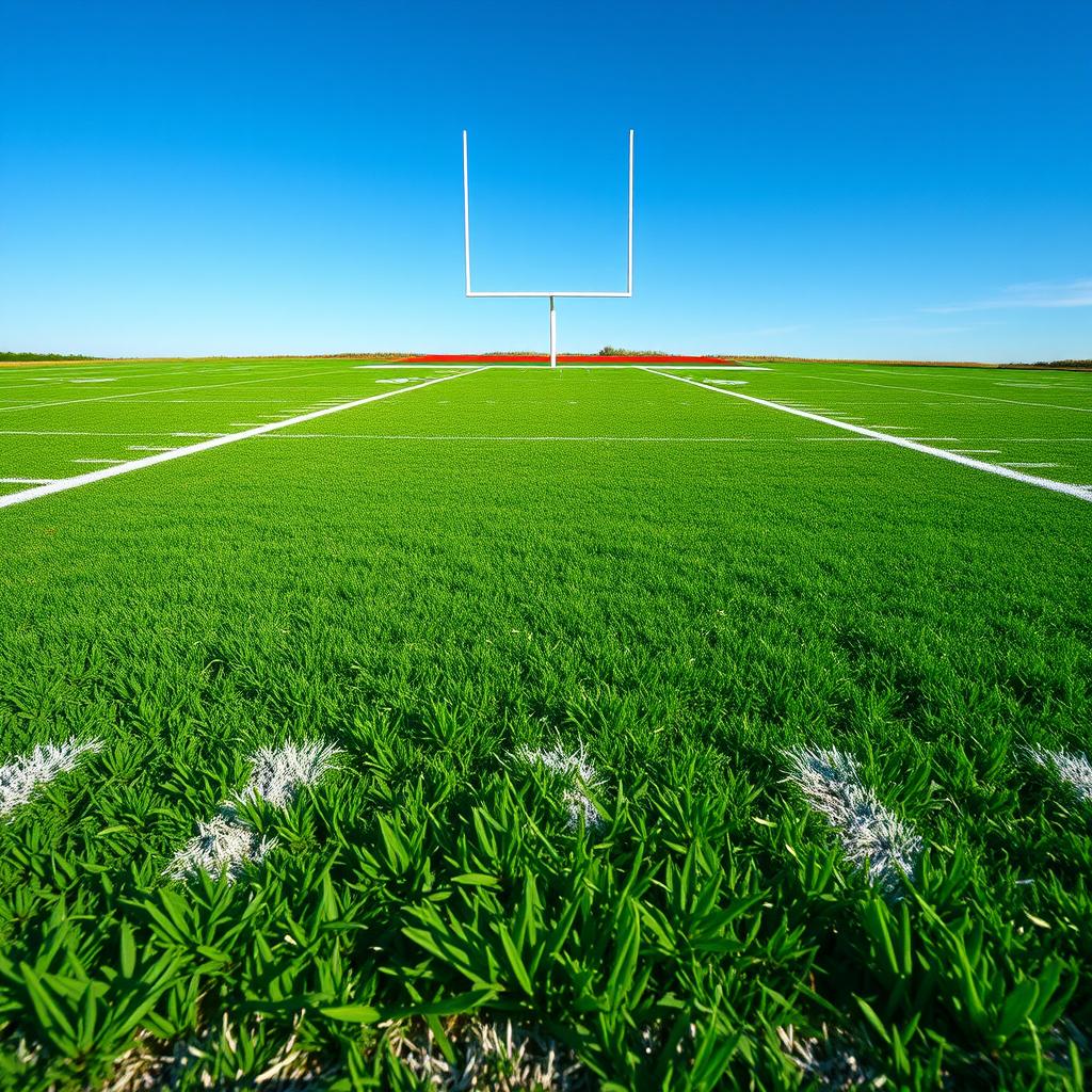 A pristine football field featuring lush green turf with well-defined yard lines and a bright white field goal post standing tall at one end