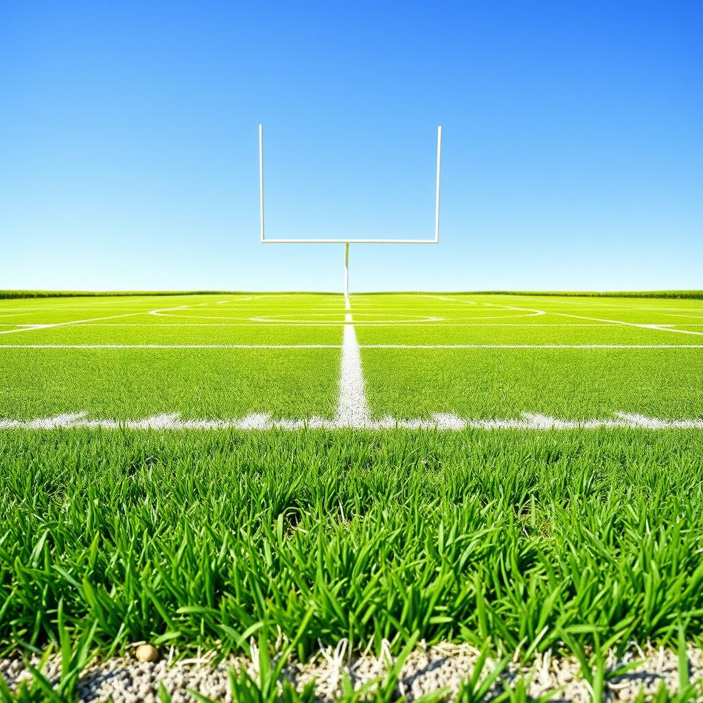 A vibrant football field depicting bright green turf marked with clearly defined yard lines and a prominent white field goal post at one end