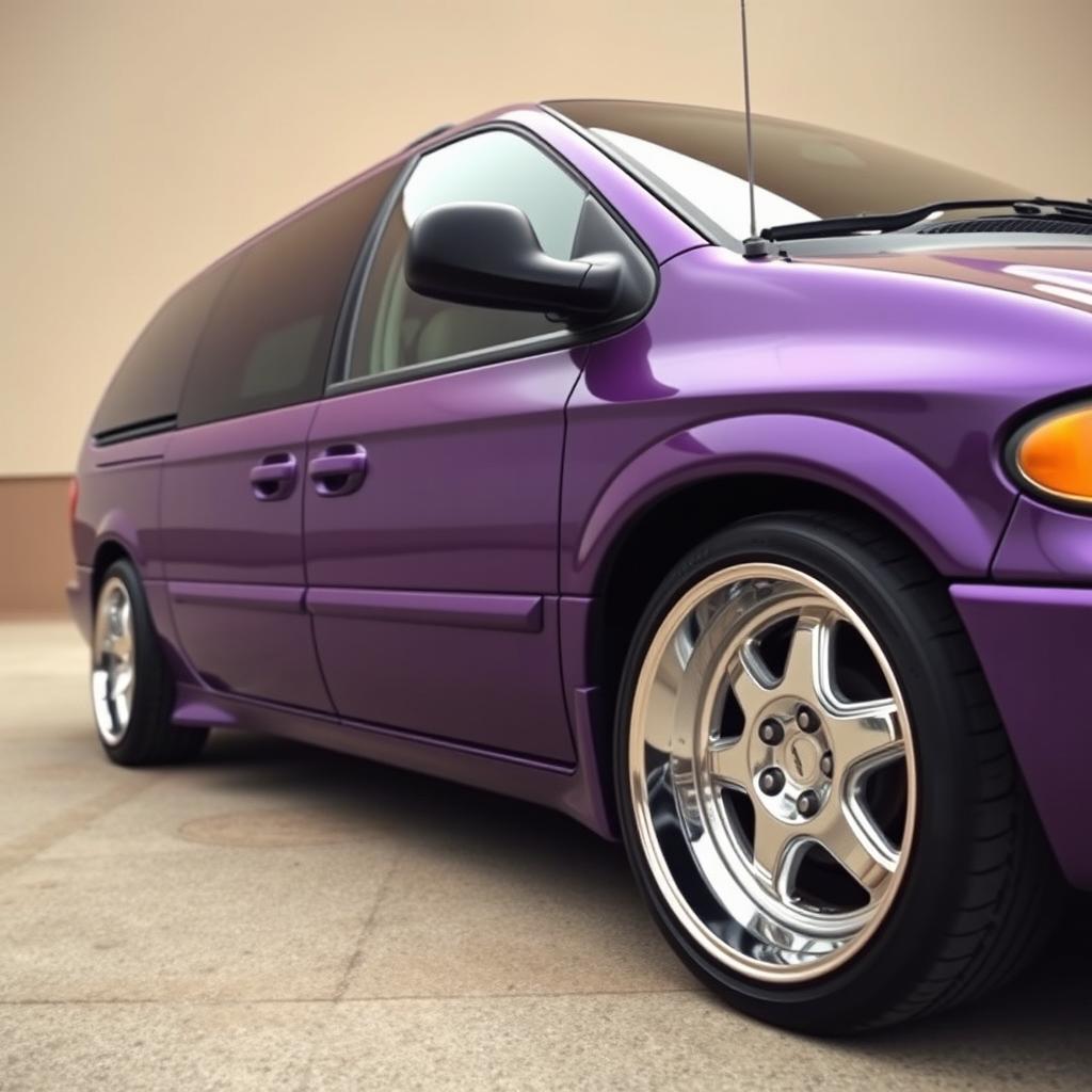 A side view of a tuned purple 2003 Dodge Grand Caravan featuring big chrome rims, captured in an ultra realistic style