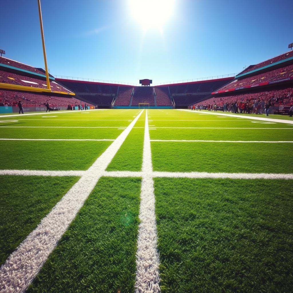 A football field with a view facing the sideline, showcasing the vibrant green turf marked with white yard lines