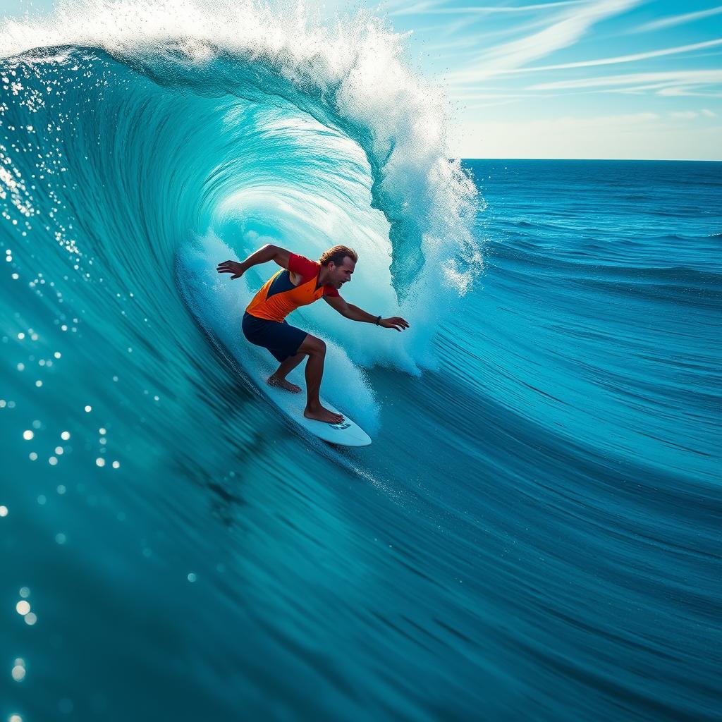 A dynamic scene showcasing a surfer skillfully riding a massive, curling wave, capturing the thrill and energy of action sports