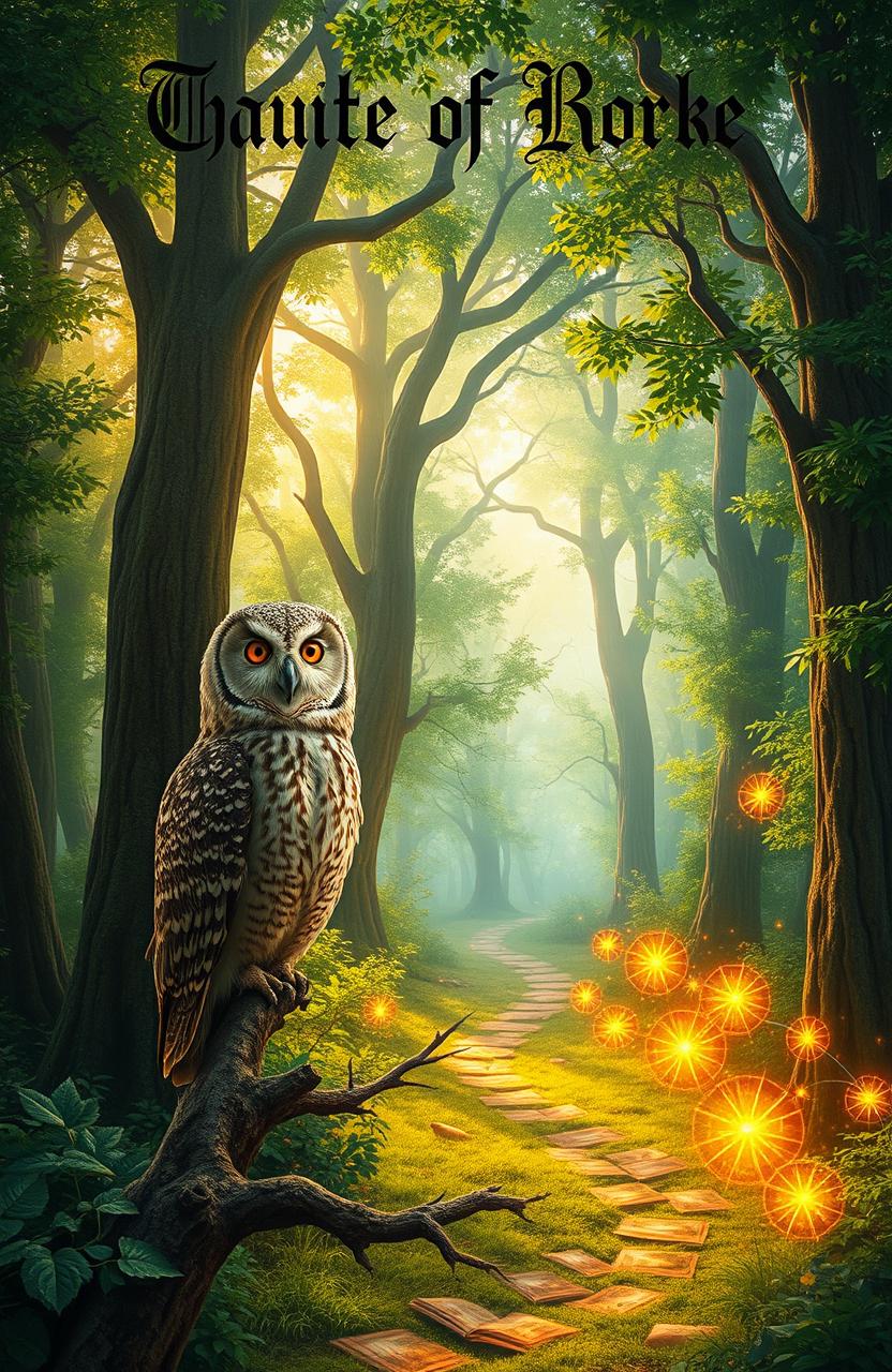 An enchanting book cover depicting a mystical forest with towering trees, dappled sunlight filtering through lush green foliage