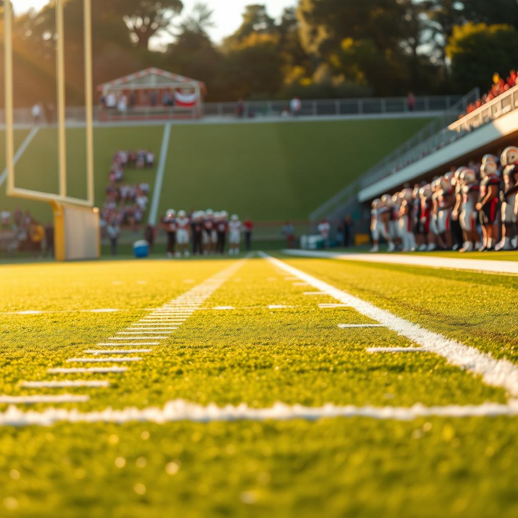 A detailed view of a football field with the camera positioned facing the sideline, showcasing the rich green turf marked with bright white yard lines