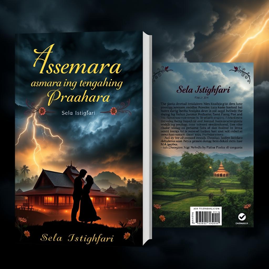 A beautifully designed front and back cover for a Javanese novel titled 'Asmara ing Tengahing Prahara' by Sela Istighfari