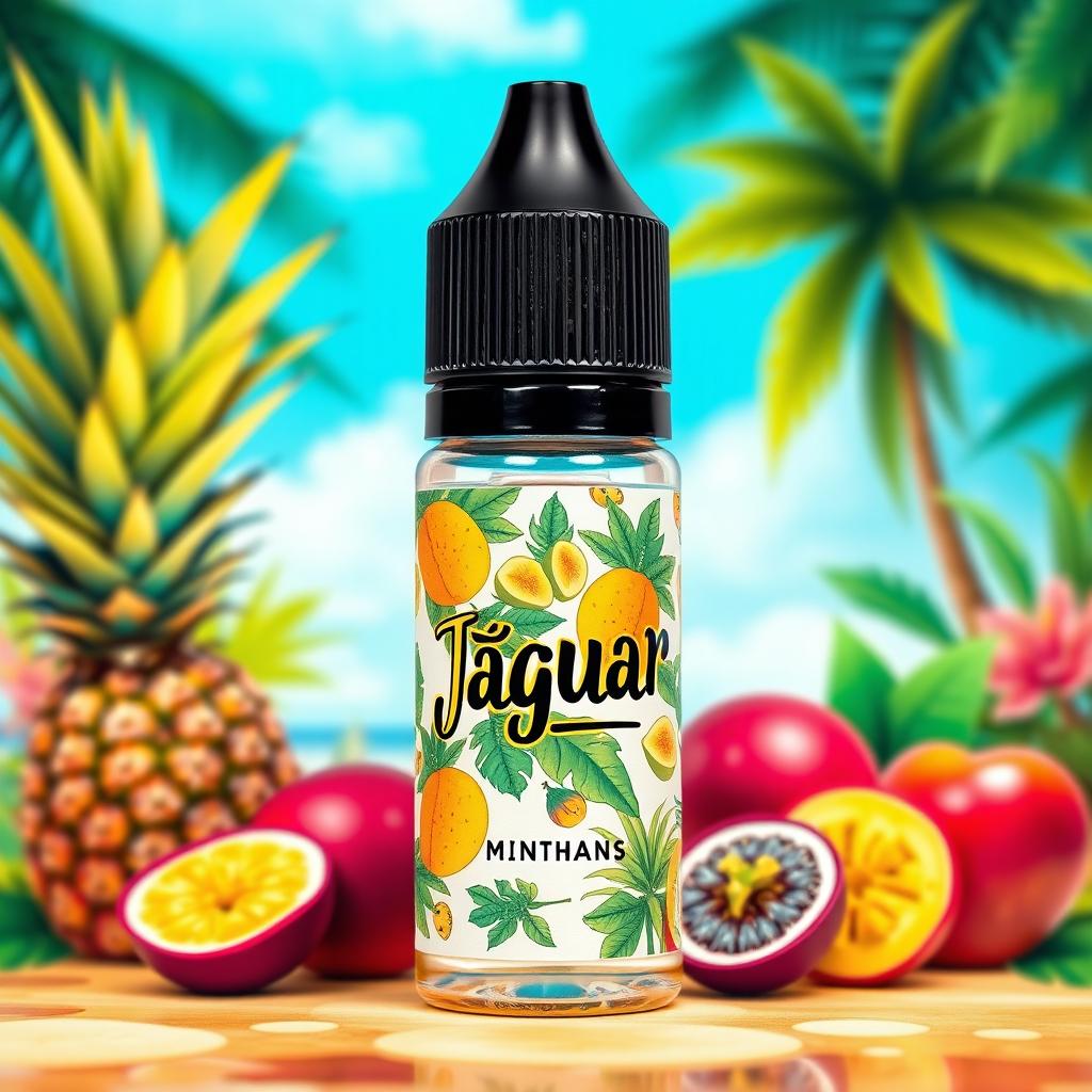 A vibrant and colorful electronic shisha liquid (vape juice) bottle designed with tropical fruit illustrations like pineapples, mangoes, and passion fruits