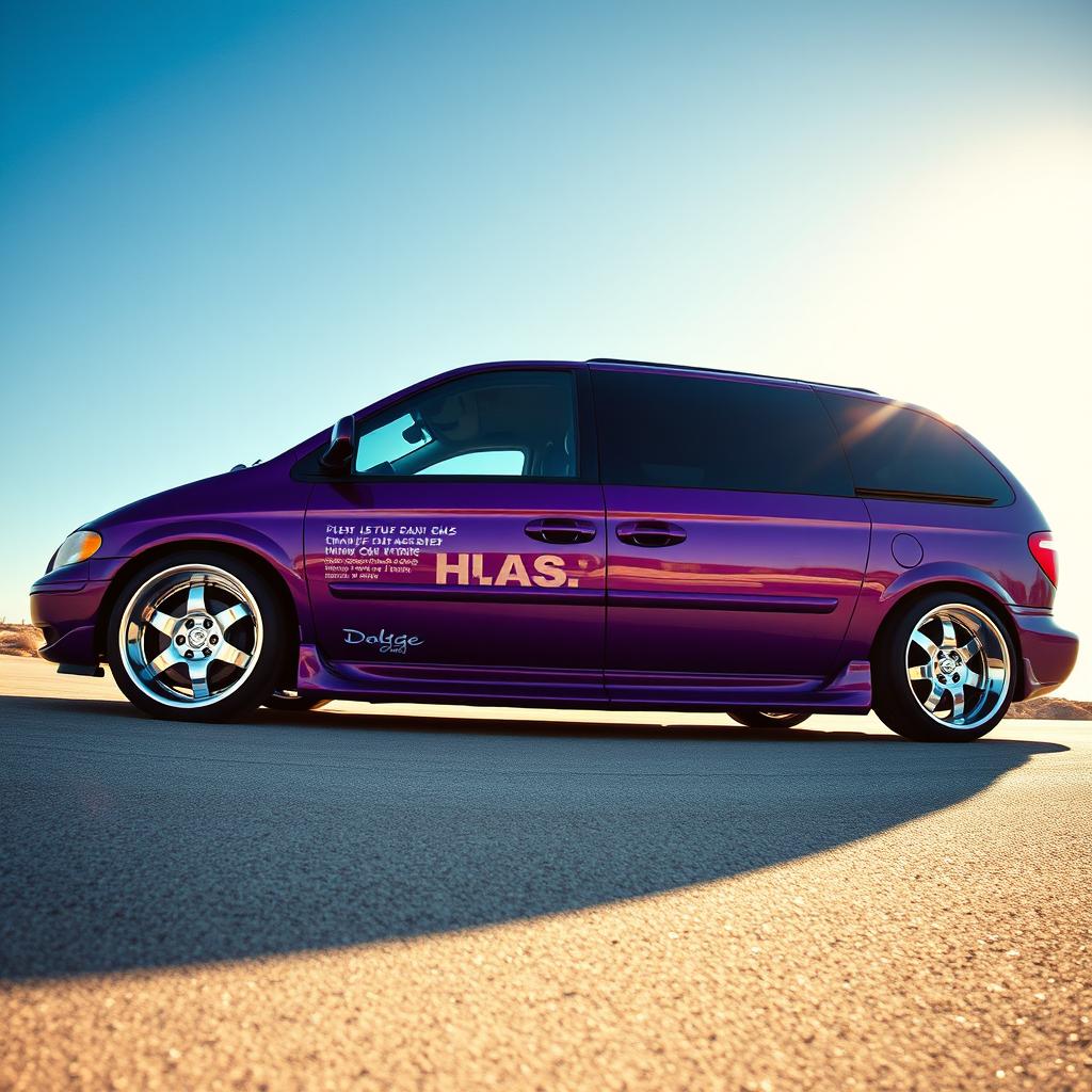 A side view of a tuned purple 2003 Dodge Grand Caravan featuring big chrome rims and silver patterned decals on the side