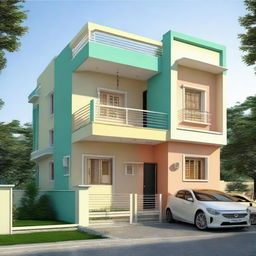 A duplex house with dimensions of 35 by 32 square feet, painted in light and harmonious color combinations.