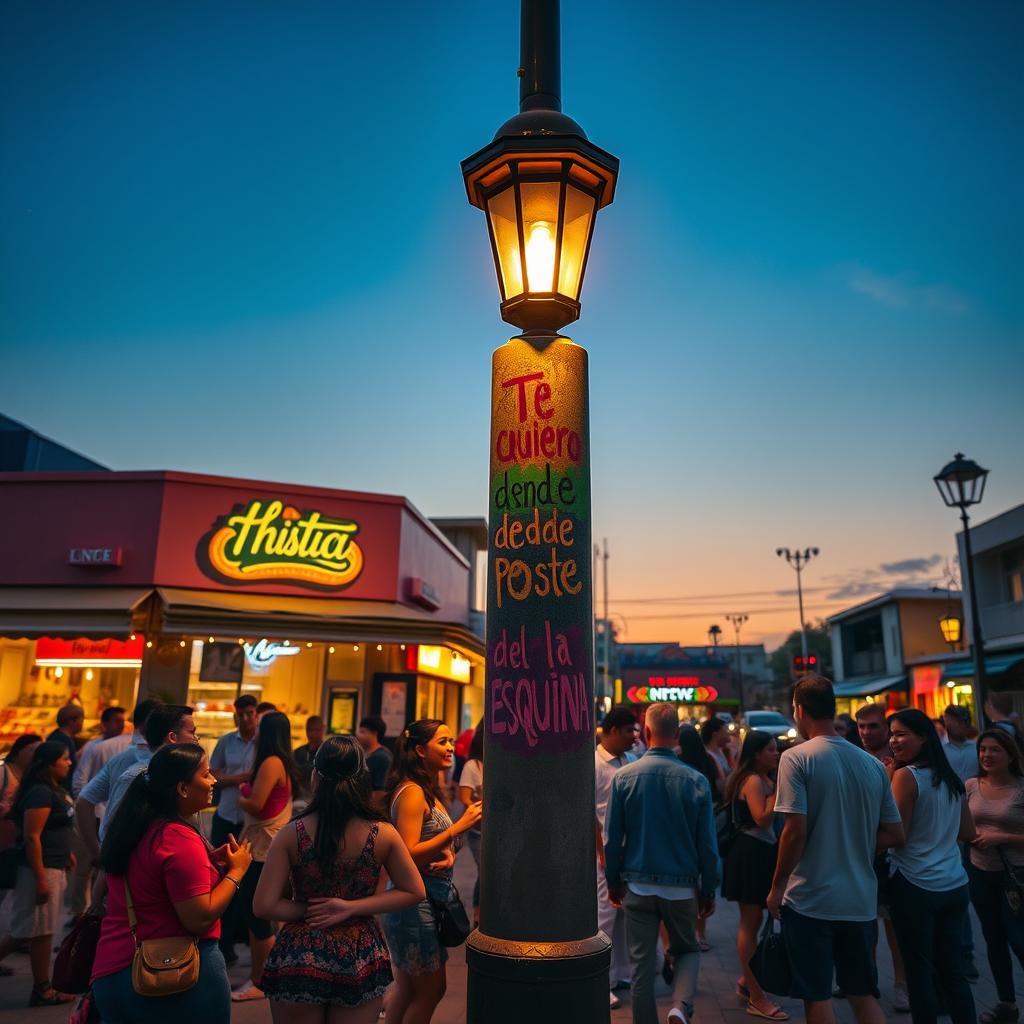 A vibrant street corner scene at dusk, featuring a tall lamppost casting a warm glow, with beautiful graffiti art depicting the words 'Te quiero desde el poste de la esquina' in colorful letters