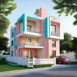 A duplex house with dimensions of 35 by 32 square feet, painted in light and harmonious color combinations.