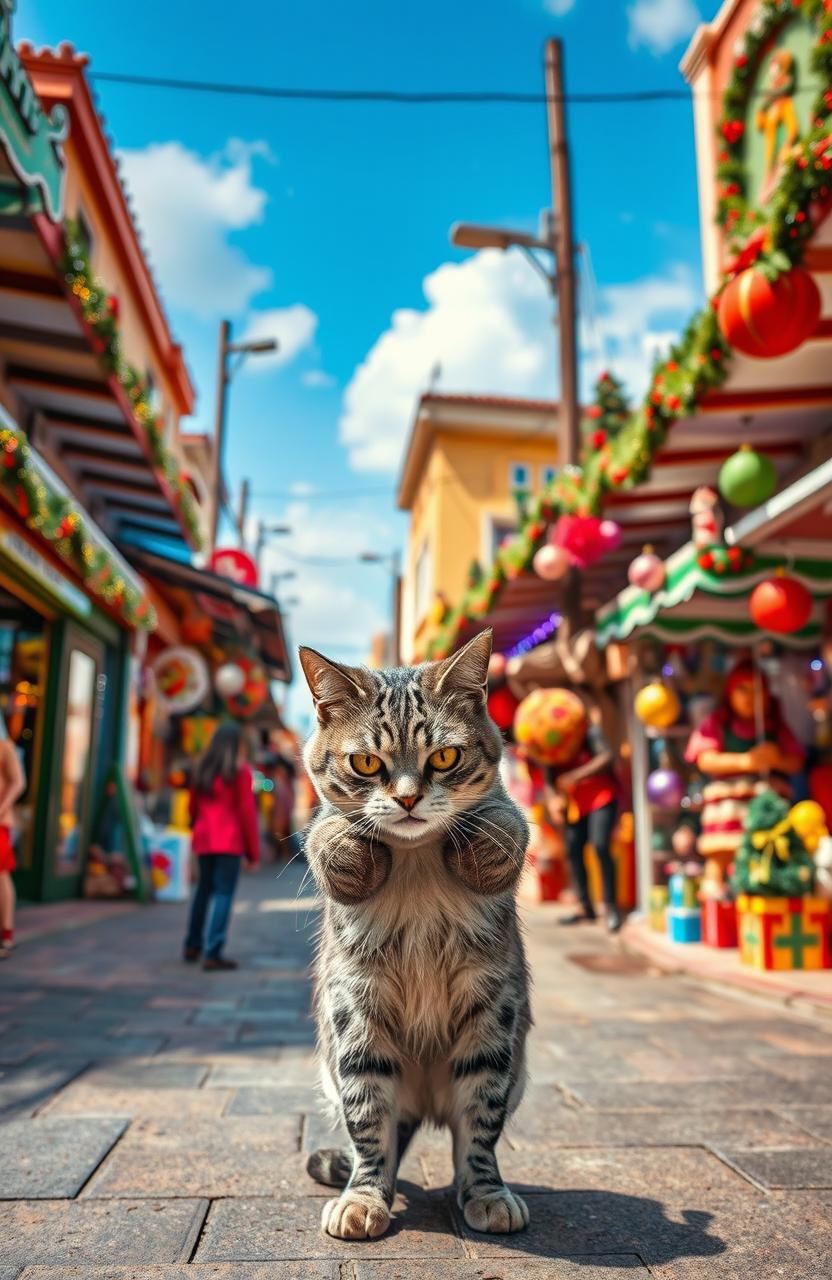 Anansi the trickster spider, Rolling Calf, and Riva Mumma joyfully interacting in a vibrant modern day Kingston, Jamaica scene filled with festive Christmas decorations on shops and stalls
