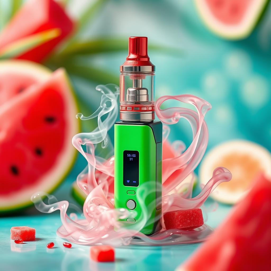 A vibrant and colorful image showcasing a vape device with a watermelon juice flavor