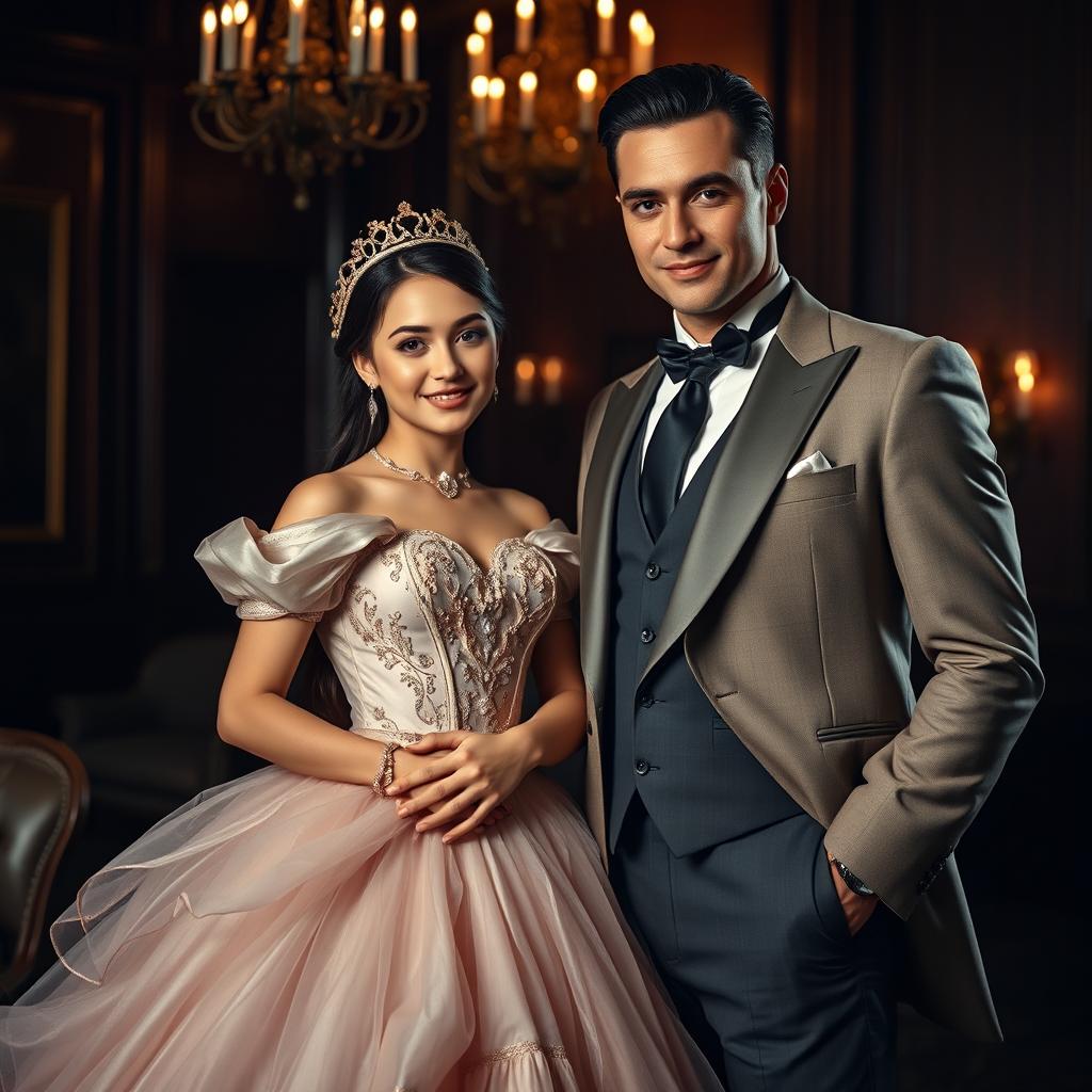 A beautiful girl wearing an elegant princess dress, adorned with intricate details and flowing fabrics, standing next to a handsome mafia boss in a stylish suit