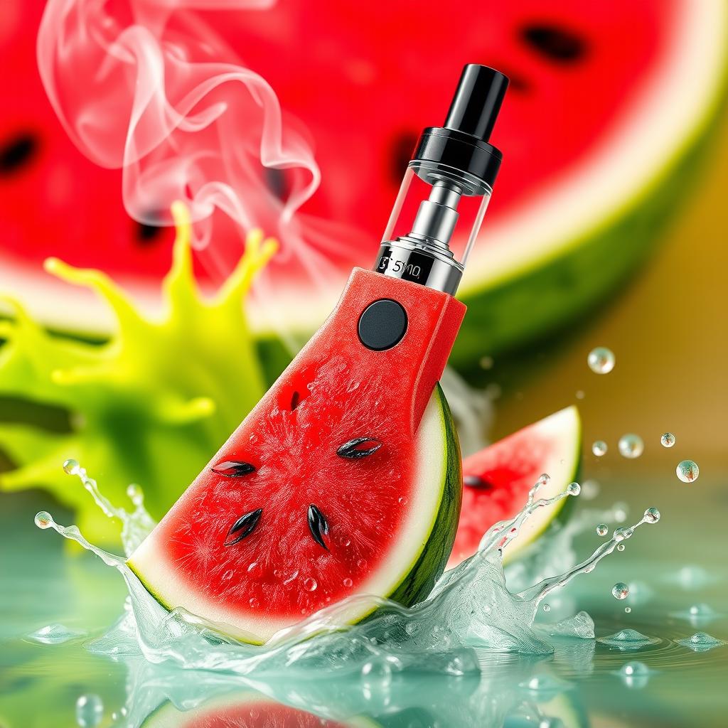 A vibrant and eye-catching image showcasing a refreshing vape pen designed to resemble a ripe watermelon