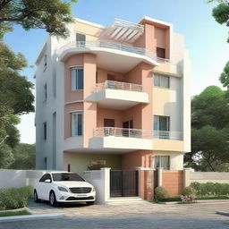 A duplex house with dimensions of 35 by 32 square feet, painted in light and harmonious color combinations.