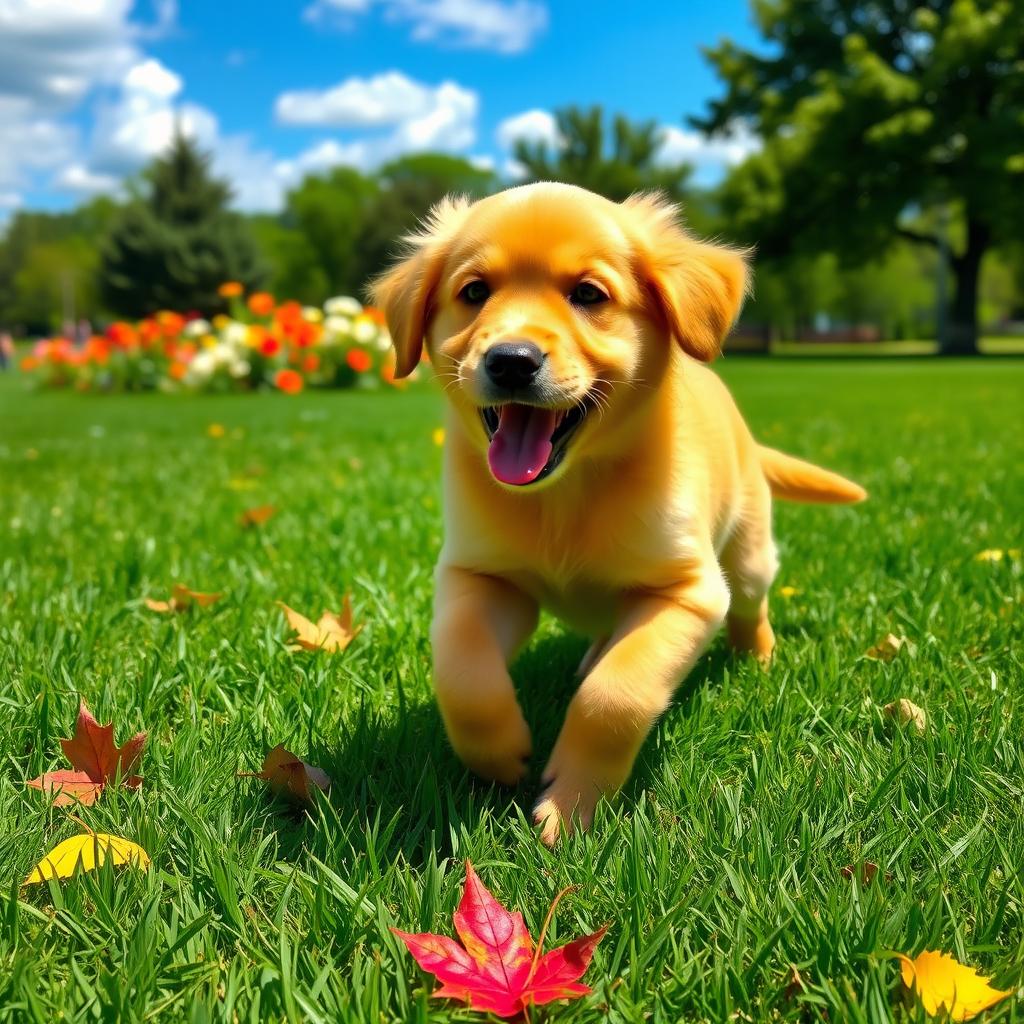 A playful golden retriever puppy running in a sunny park with vibrant green grass, its fur gleaming in the sunlight