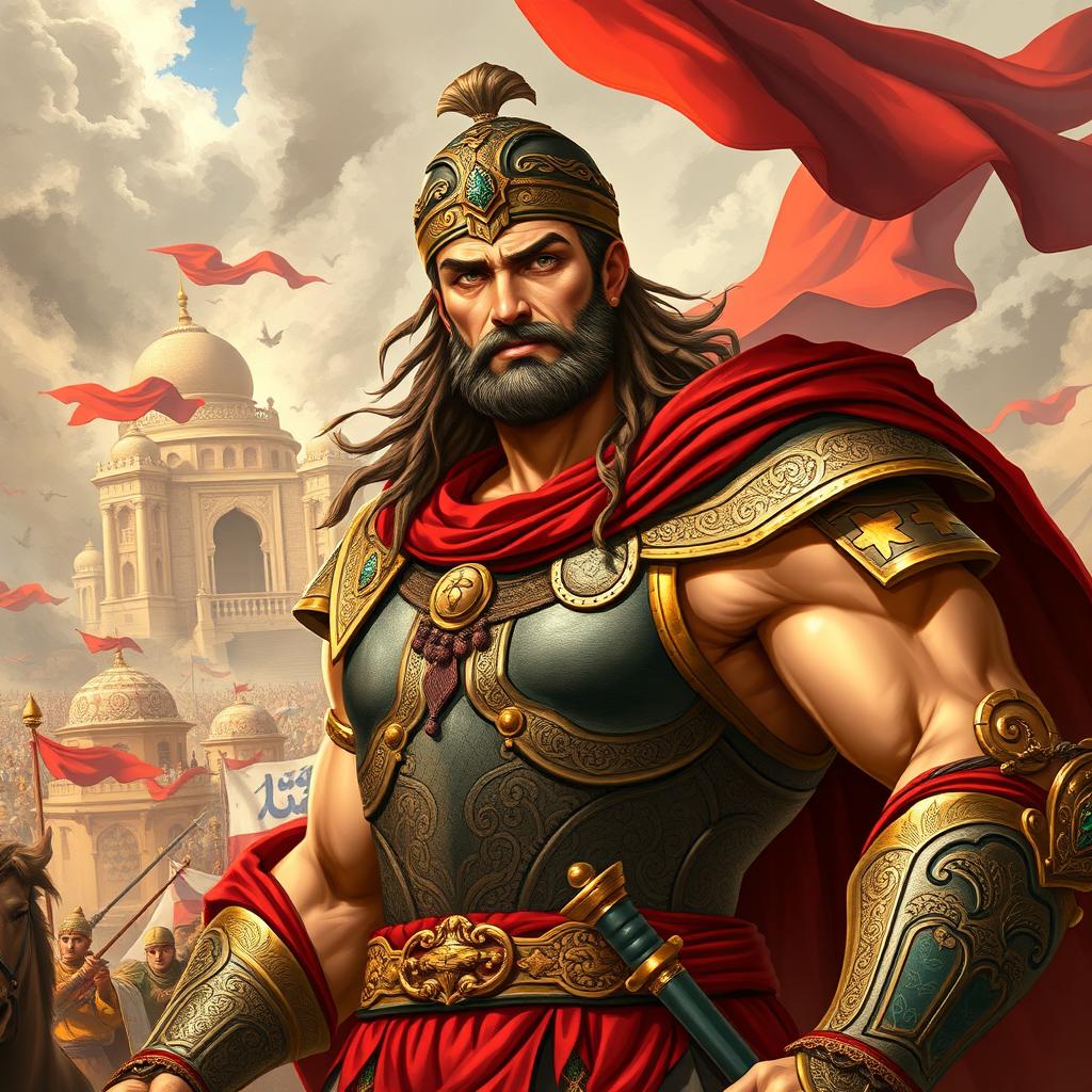 A powerful depiction of Sam Naiman from the Shahnameh by Ferdowsi, showcasing him as a strong and valiant warrior