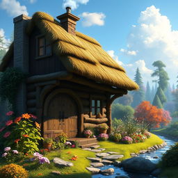A beautiful fantasy starter house in a magical setting, featuring a cozy wooden cabin with a thatched roof, surrounded by lush greenery and colorful flowers