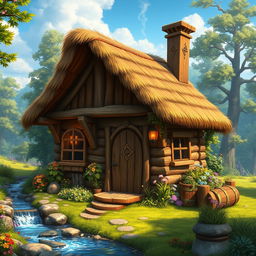 A beautiful fantasy starter house in a magical setting, featuring a cozy wooden cabin with a thatched roof, surrounded by lush greenery and colorful flowers
