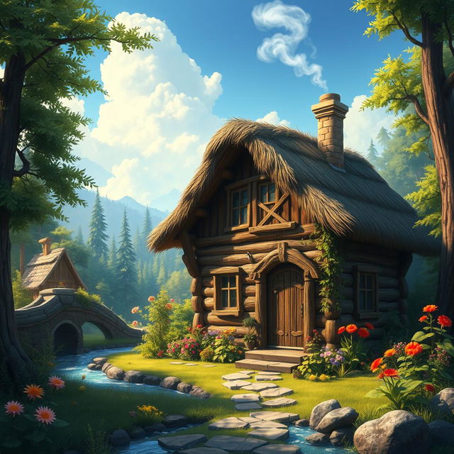 A beautiful fantasy starter house in a magical setting, featuring a cozy wooden cabin with a thatched roof, surrounded by lush greenery and colorful flowers
