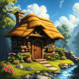 A beautiful fantasy starter house in a magical setting, featuring a cozy wooden cabin with a thatched roof, surrounded by lush greenery and colorful flowers