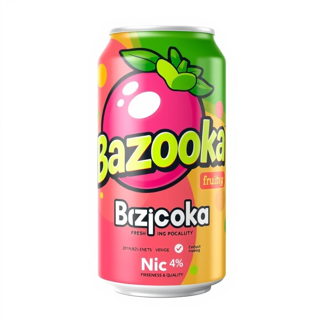 A colorful and vibrant label design for a Bazooka fruit product, featuring a large, stylized illustration of a Bazooka fruit prominently displayed in the center