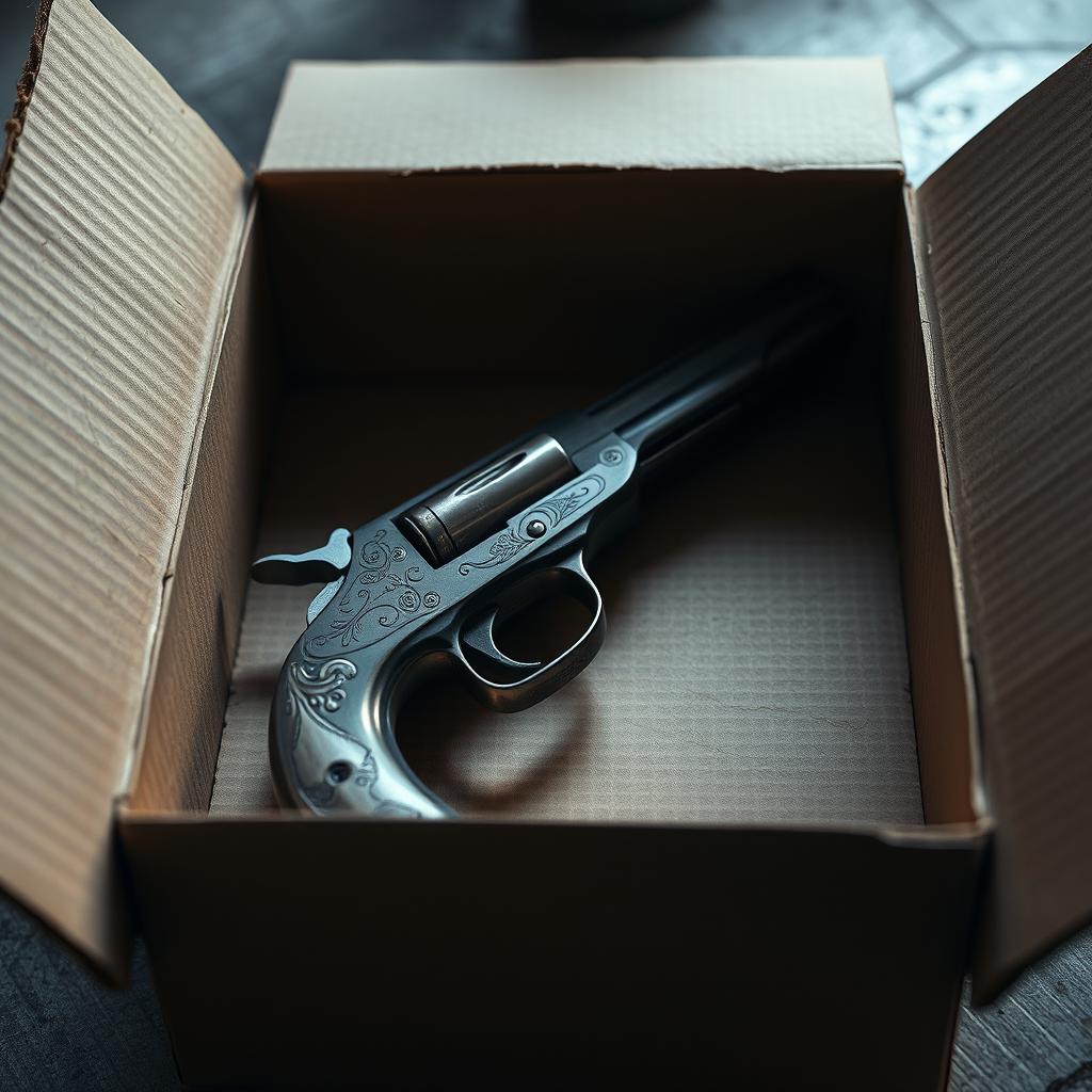 A detailed, artistic representation of a gun with a broken ear sitting inside a cardboard box