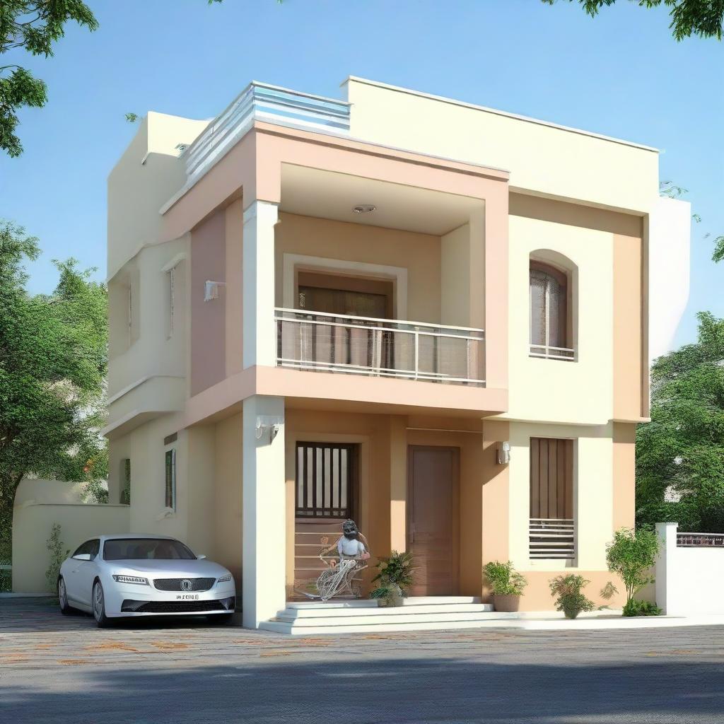 A duplex house with dimensions of 35 by 32 square feet, painted in light and harmonious color combinations.