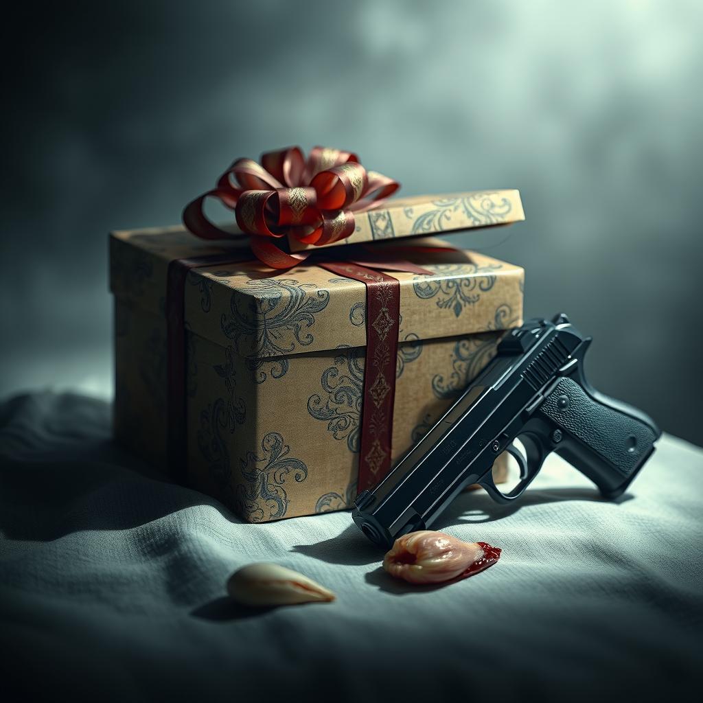 A realistic representation of a gift box, beautifully decorated with ominous details, revealing a gun with a severed ear next to it